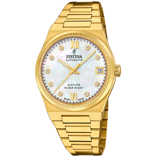 Relógio Festina Swiss F20033/1 Branco Pulsera De 316l De Aço Inoxidável Dourado Senhora