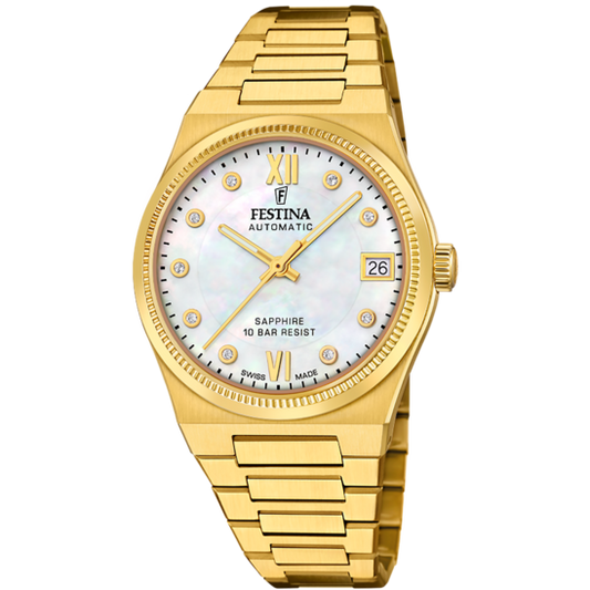 Relógio Festina Swiss F20033/1 Branco Pulsera De 316l De Aço Inoxidável Dourado Senhora