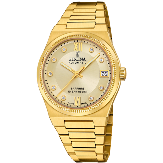 Relógio Festina Swiss F20033/2 Champagne Pulsera De 316l De Aço Inoxidável Dourado Senhora