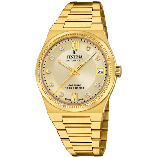 Relógio Festina Swiss F20033/2 Champagne Pulsera De 316l De Aço Inoxidável Dourado Senhora