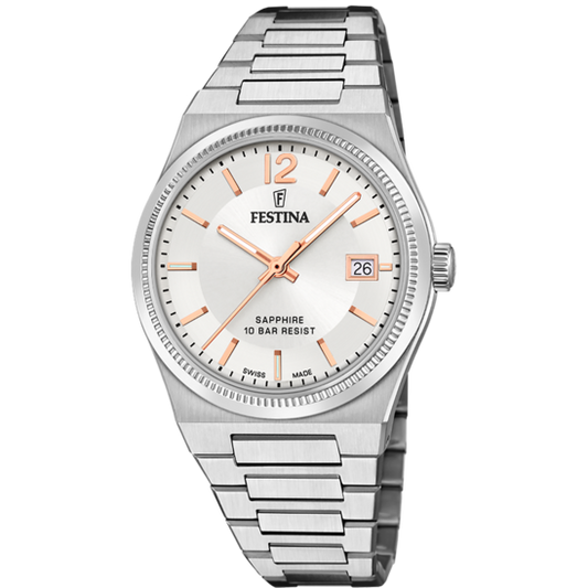 Relógio Festina Swiss F20035/2 Branco Pulsera De 316l De Aço Inoxidável Senhora