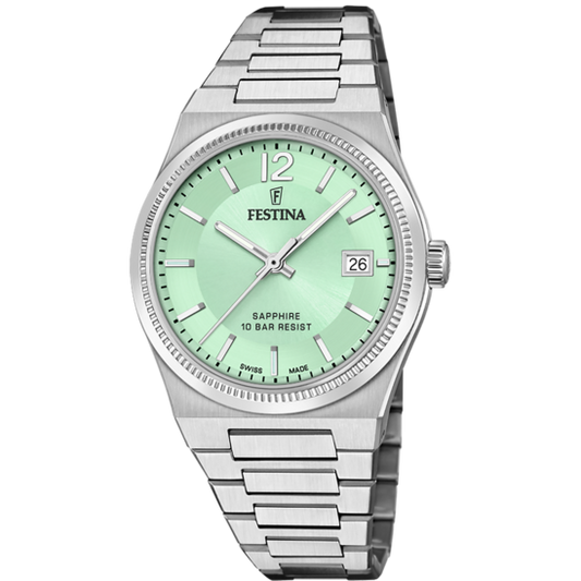 Relógio Festina Swiss F20035/3 Verde Água Pulsera De 316l De Aço Inoxidável Senhora