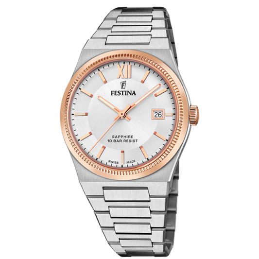 Relógio Festina Swiss F20036/1 Branco Pulsera De 316l De Aço Inoxidável Homem