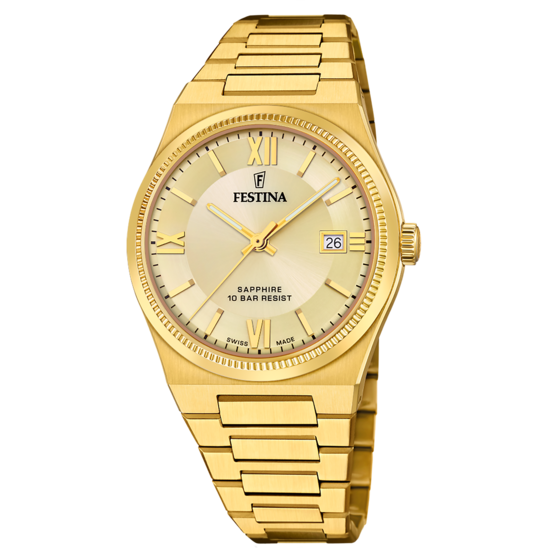 Relógio Festina Swiss F20038/2 Champagne Pulsera De 316l De Aço Inoxidável Dourado Homem